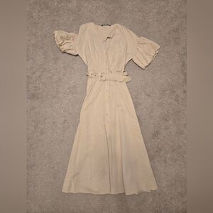 Zara Cream Long Sleeve Belted Dress